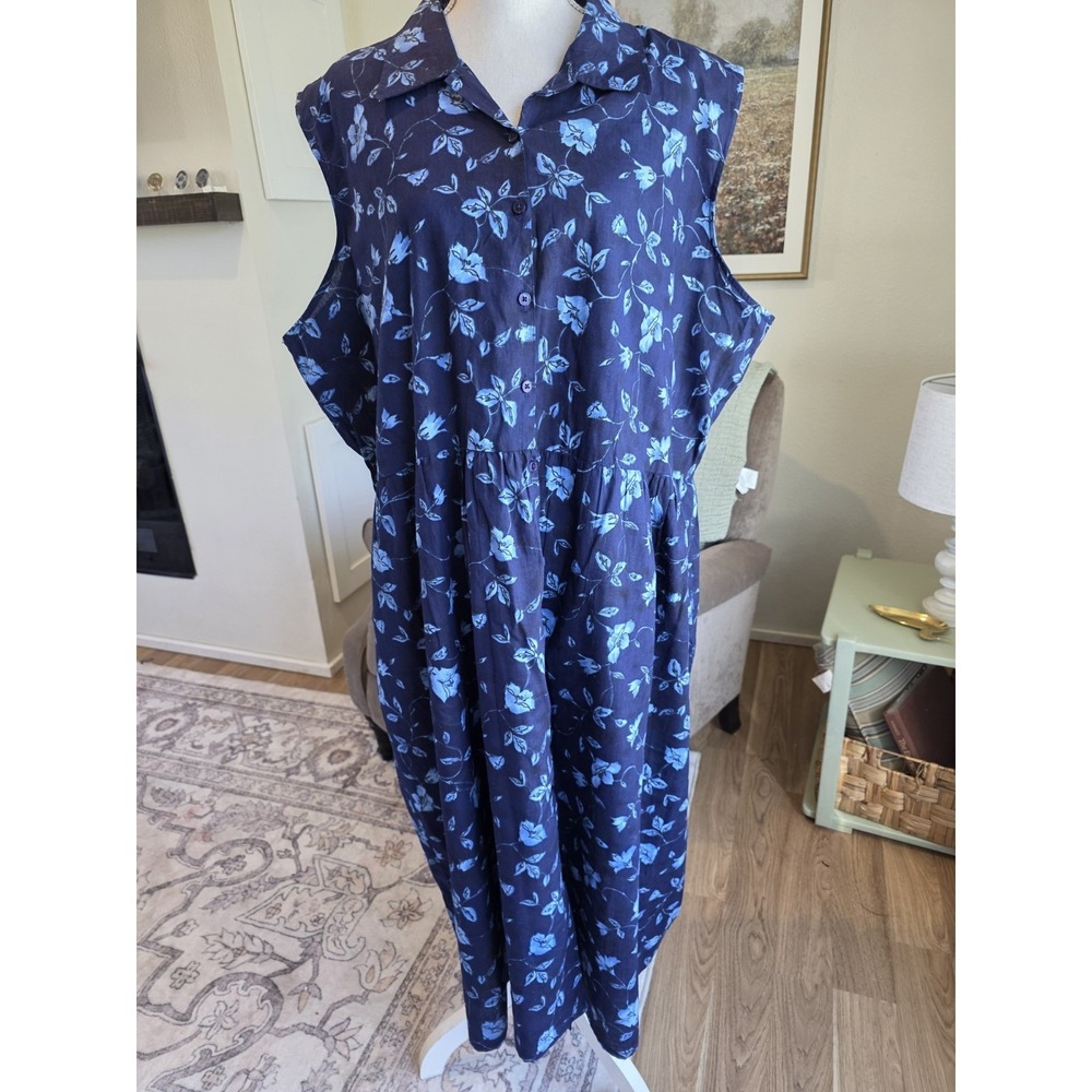 Vermont Country Store Dress 3X Blue Floral Sleeveless Summer Dress Cotton Maxi